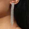 Elegant silver multi-strand tassel earrings with sparkling white rhinestones on a model - Silver Multi-row Long Tassel Style (DTE1616820S)