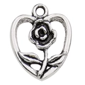 Vintage silver hollow heart pendant with rose floral engraving and top metal loop - Heart Flower (10412)