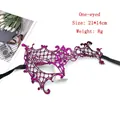 Detail of purple lace Halloween masquerade mask with embroidery and size dimensions - One Eye - Rose Red