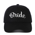 Classic black cotton baseball cap with white embroidered Bride text for wedding parties - Bride (BRIDE) / Black