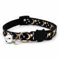 Adjustable black nylon pet collar with gold moon and white star patterns and bell - Black