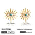 Detailed macro view of 18K gold stainless steel evil eye earrings with turquoise stone - Sun God Eye Earrings (JDE0107044)