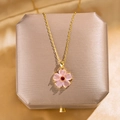 Pink sakura flower pendant necklace with cat-eye stone and gold O-chain for women - Cat Eye Sakura Style / Pink Cherry Blossom