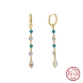 925 silver drop earrings with blue beads, zircon, and shell teardrops in gold finish - Long Zirconia Shell Drop - Gold