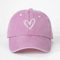 Pink washed cotton baseball cap with white heart embroidery for women's casual sun protection - One Size / Pink
