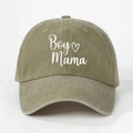Detail of white Boy Mama embroidery with heart on khaki green washed cotton baseball cap - One Size / Dark Khaki