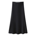 Detailed view of black satin midi skirt fabric showing smooth texture and elegant drape - Black