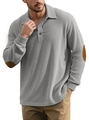 Lichtgrijs geribbeld poloshirt met lange mouwen, bruine elleboogstukken en knoopsluiting - S / Grijs