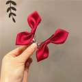 Pair of red satin bow hair clips for girls featuring secure metal duckbill hairpins - Wine Red Gauze Bow Pair