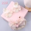 Detail of baby socks with pink bows and rhinestones plus a polka dot lace headband - Style 22 (Cream Pink Bow/Pink Polka Dot)
