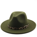 Detail of olive green fedora hat featuring a leopard print band and golden buckle - M (56-58cm) / Army Green