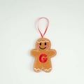 Brown gingerbread man felt ornament with red letter G embroidery and white stitch detail - Letter G