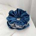 Blue velvet scrunchie with white lace trim detail on a minimalist white background - Q686-3 Navy Velvet White Lace