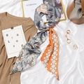 Vintage French silk scarf featuring grey leaf patterns and orange geometric stripes - #390 Ripple Square Flower Orange Grey