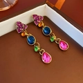Vintage multi-color gemstone drop earrings with pink teardrop crystal in gold setting - Earrings-Multicolor