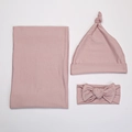 Detail shot of dusty pink newborn swaddle set with matching hat and bow headband - Dusky Pink