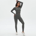 Deep grey seamless ruched yoga set with long sleeve crop top and high waist leggings - S / Dark Gray