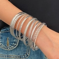 Macro detail of silver layered bracelet set with bohemian geometric textures and patterns - 05 White Gold 9089 (10-Piece Set)