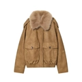 Chic camel faux suede jacket with large faux fur collar and functional cargo pockets - XS / Earthy Yellow