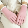 Pink velvet thermal winter gloves with white faux fur trim and pearl beads for women - One Size / Dusky Pink