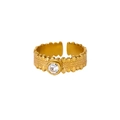 Punk woven 18k gold plated open ring with hammered texture and round crystal stone - Adjustable Open