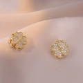 Elegant gold clover stud earrings with sparkling white cubic zirconia micro-pave - Rotating Clover Earrings / Gold