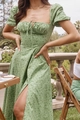Detail of square neckline with drawstring and puff sleeves on green floral maxi dress - Green Floral