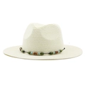 Detail of light beige straw fedora hat with bohemian style colorful beaded band decoration - Creamy White