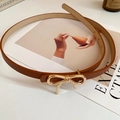 Slim brown faux leather belt featuring a polished gold bow buckle for women's fashion - 66# Waist Chain - Light Coffee Bow