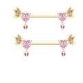 Piercing capezzolo dorati con gemme a cuore rosa e ali di farfalla viola su sfondo bianco - Piercing Capezzolo Cuore Farfalla Oro (#20)
