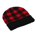 Detail of red and black buffalo plaid knit beanie with a thick black ribbed cuff - Red and Black Buffalo Plaid Style (B)