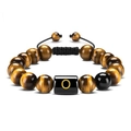 Adjustable tiger eye beaded bracelet with black onyx charm and hand-woven cord - Letter O