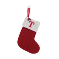 Red knitted Christmas stocking with white cuff and letter T embroidery with hanging loop - Letter T