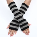 Long black and grey striped knit arm warmers with fingerless design for women - Black + Light Grey