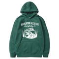 Dark green hooded sweatshirt featuring white Alligator Alcatraz graphic print and front pocket - Dark Green