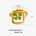 Gold stainless steel square ring featuring a green dried clover flower specimen inlay - Four Leaf Clover Square Style (款式5)