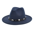 Navy blue wide brim wool fedora hat featuring a black leather band with metal studs - M (56-58cm) / Navy Blue