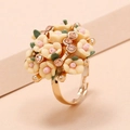 Floral cluster open ring featuring yellow and pink flowers with green leaves and crystals - Pale Yellow Flower Cluster Ring (11650黄色KC金)