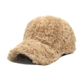 Chic beige plush baseball cap for women with thick warm faux fur and a classic 6-panel design - Camel