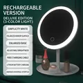 White LED desk makeup mirror with round ring light and rechargeable battery in white - Rechargeable 3 Color Lights / Pearl White