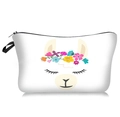 Close-up of portable makeup bag featuring cute cartoon alpaca print and black zipper - White Floral Glasses Alpaca