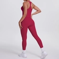 Macro detail of the racerback design and high waist seam on dark red yoga set - S / Top And Bottom / Carmine