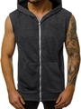 Detail of dark gray hooded sleeveless gym hoodie with full zip and front pockets - M / Tops / Dark Gray