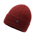Burgundy ribbed knit beanie featuring thermal lining and an oval metal logo plaque - One Size / Red