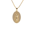 Oval gold pendant necklace with micro-pave zircons and religious figure relief - Oval Pendant-Box Chain / Gold-Small Diamonds