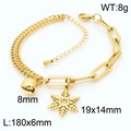 Golden double chain snowflake bracelet with bell pendant in stainless steel finish - Gold Splicing Snowflake Bracelet (KB165574-Z)