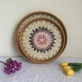 Handcrafted rattan tray set with pink floral shell mosaic inlay and woven edges - Heart Flower / 2-Piece Set