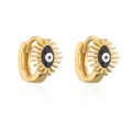 Detailaufnahme goldener Evil Eye Creolen mit schwarzer Emaille und Zacken - Schwarz & Weiß