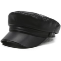 Classic black PU leather newsboy cap for women with stylish flat top and side buttons - One Size 58cm / Black Plain Flat Top Style