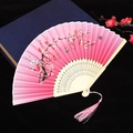 Pink silk folding fan with plum blossom patterns and delicate bamboo frame - Style 65